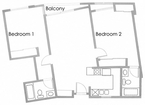 Floor plan for 2 beds, 2 baths, 881 sqft